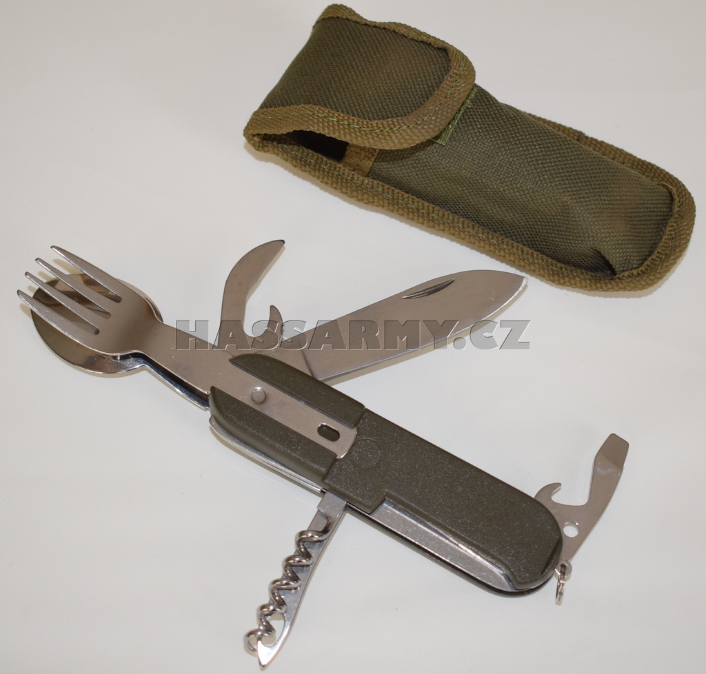Nůž kapesní s příborem a pouzdrem zelený